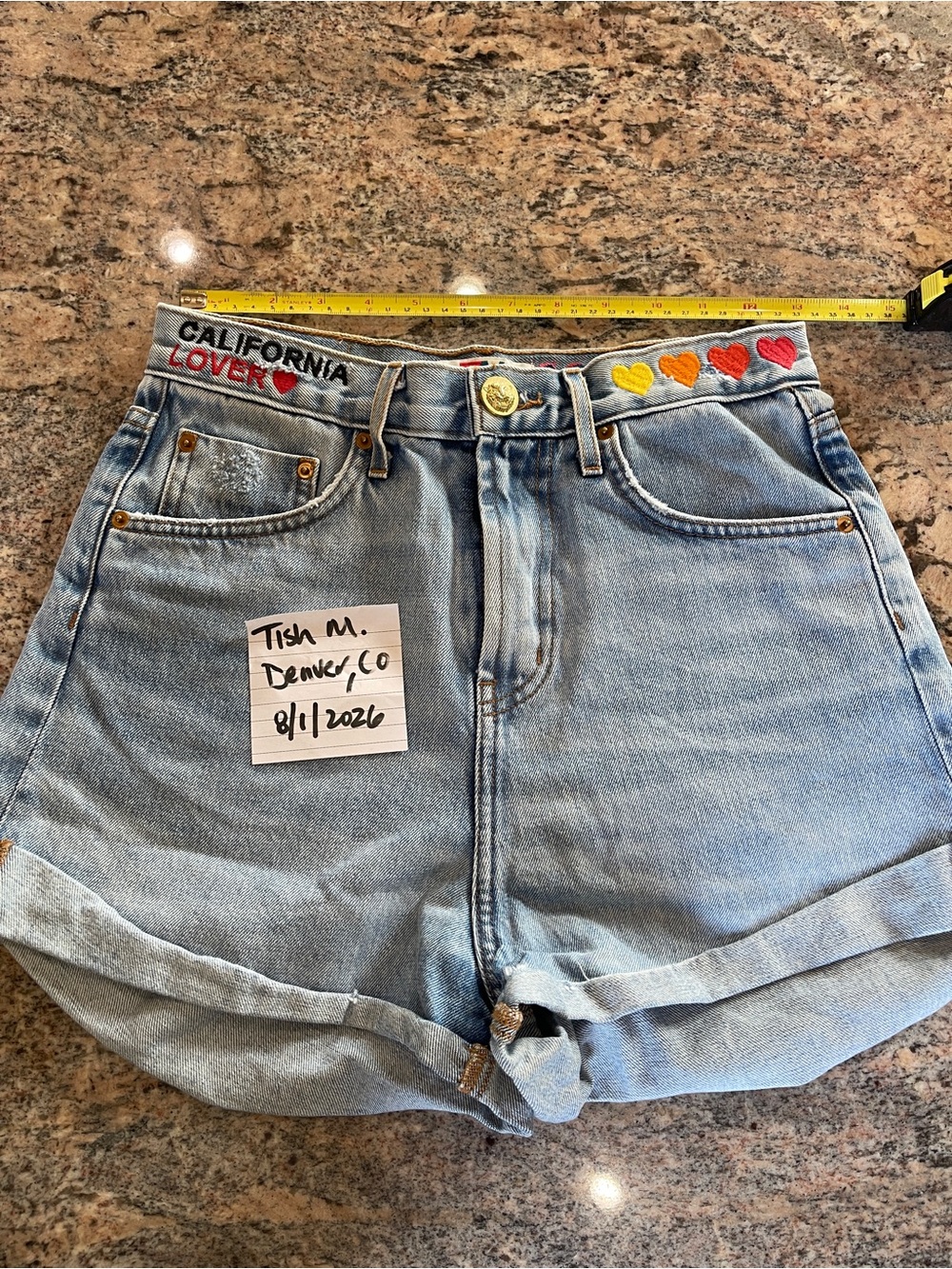 Aviator Nation Light Blue Denim High-Waist Shorts with Colorful Heart Trim